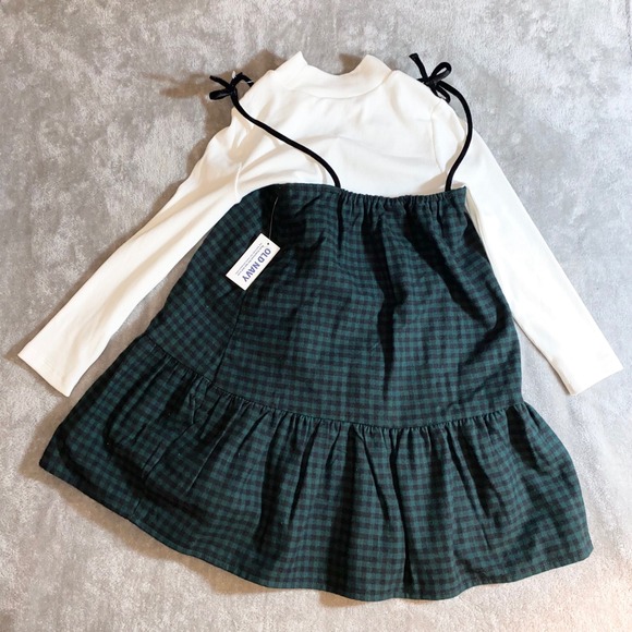 NEW Old Navy 4T Green Black Plaid Pinafore Dress‎ 2 Piece Long Sleeve Mock NWT - Picture 3 of 7